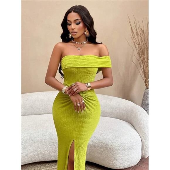 Off Shoulder Asymmetrical Neck Twist Slit Hem Maxi Sexy Women Dress - Picture 3 of 6